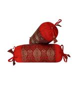 Lal Haveli Designer Round Shape Red Silk Bolster Pillow Cover for Home Decor 18 x 8 inch Set of 2