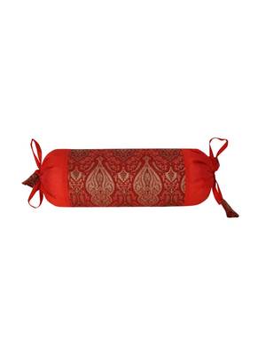 Lal Haveli Designer Round Shape Red Silk Bolster Pillow Cover for Home Decor 18 x 8 inch Set of 2 3