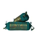Lal Haveli Green Color Home Decorative Silk Round Bolster Pillow Cushion Covers 18 x 8 inch (2 Pcs)