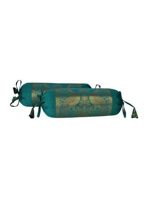 Lal Haveli Green Color Home Decorative Silk Round Bolster Pillow Cushion Covers 18 x 8 inch (2 Pcs) 2