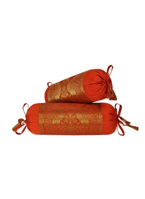 Lal Haveli Orange Color Round Shape Living Room Decor Silk Bolster Pillow Cushion Covers Set of 2 Pcs 18 x 8 inch 1