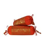 Lal Haveli Orange Color Round Shape Living Room Decor Silk Bolster Pillow Cushion Covers Set of 2 Pcs 18 x 8 inch