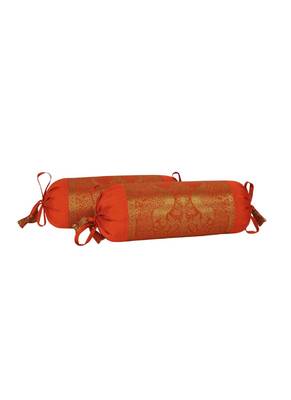 Lal Haveli Orange Color Round Shape Living Room Decor Silk Bolster Pillow Cushion Covers Set of 2 Pcs 18 x 8 inch 2