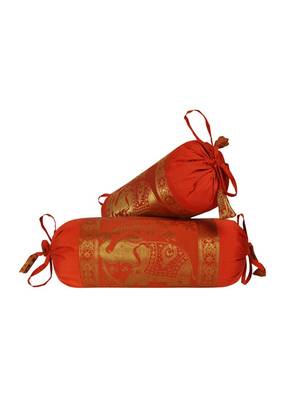 Lal Haveli Elephant Design Silk Bolster Cushion Covers Set of 2 Pcs 18 x 8 inch 1