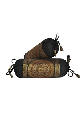 Lalhaveli Silk Fabric Decorative Bolster Cushion Covers (Black, 18x18-inch) - Set of 2 1
