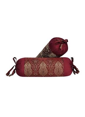 Lal Haveli Silk Fabric Round Roll Bolster Cover Maroon Color 18 x 8 Inch Home Decor Set of 2 Pcs 1