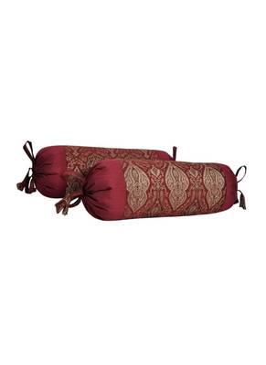 Lal Haveli Silk Fabric Round Roll Bolster Cover Maroon Color 18 x 8 Inch Home Decor Set of 2 Pcs 2