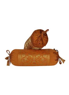Lal Haveli Decorative Silk Bolster Cover Golden Color 18 x 8 Inch Set of 2 Pcs 1