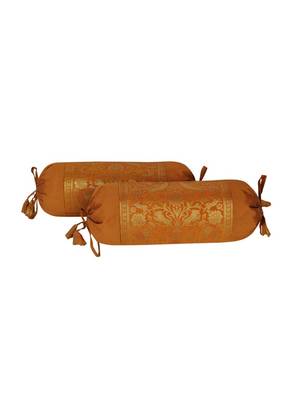 Lal Haveli Decorative Silk Bolster Cover Golden Color 18 x 8 Inch Set of 2 Pcs 2