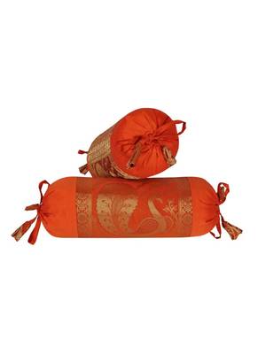 Lal Haveli Living Room Decorative Silk Bolster Cover Orange Color 18 x 8 Inch Set of 2 Pcs 1