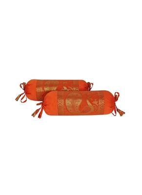 Lal Haveli Living Room Decorative Silk Bolster Cover Orange Color 18 x 8 Inch Set of 2 Pcs 2