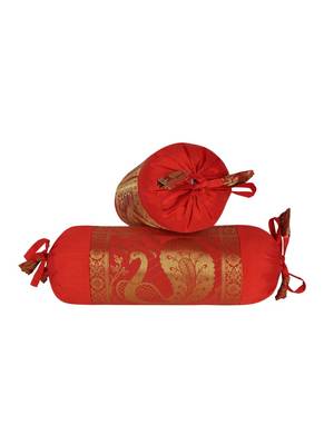 Lal Haveli Decorative Peacock Design Silk Bolster Cover Red Color 18 x 8 Inch Set of 2 1
