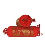 Lal Haveli Decorative Peacock Design Silk Bolster Cover Red Color 18 x 8 Inch Set of 2