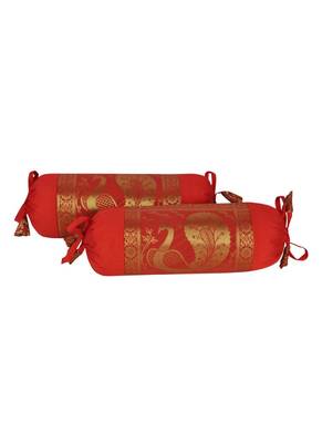 Lal Haveli Decorative Peacock Design Silk Bolster Cover Red Color 18 x 8 Inch Set of 2 2