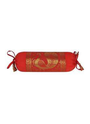 Lal Haveli Decorative Peacock Design Silk Bolster Cover Red Color 18 x 8 Inch Set of 2 3