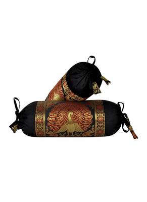 Lal Haveli Decorative Peacock Design Black Color Silk Bolster Cushion Covers 18 x 8 Inch Set of 2 Pcs 1
