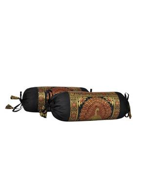 Lal Haveli Decorative Peacock Design Black Color Silk Bolster Cushion Covers 18 x 8 Inch Set of 2 Pcs 2