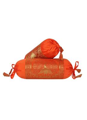 Lal Haveli Orange Color Peacock Design Silk Bolster Cushion Covers Housewarming Gift 18 x 8 Inch Set of 2 Pcs 1