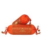 Lal Haveli Orange Color Peacock Design Silk Bolster Cushion Covers Housewarming Gift 18 x 8 Inch Set of 2 Pcs