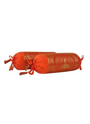 Lal Haveli Orange Color Peacock Design Silk Bolster Cushion Covers Housewarming Gift 18 x 8 Inch Set of 2 Pcs 2