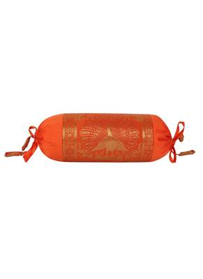 Lal Haveli Orange Color Peacock Design Silk Bolster Cushion Covers Housewarming Gift 18 x 8 Inch Set of 2 Pcs 3