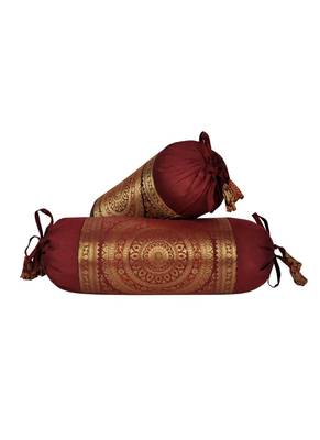Lal Haveli Sofa Decor Maroon Color Silk Bolster Cushion Covers 18 x 8 Inch Set of 2 Pcs 1