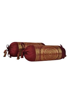 Lal Haveli Sofa Decor Maroon Color Silk Bolster Cushion Covers 18 x 8 Inch Set of 2 Pcs 2