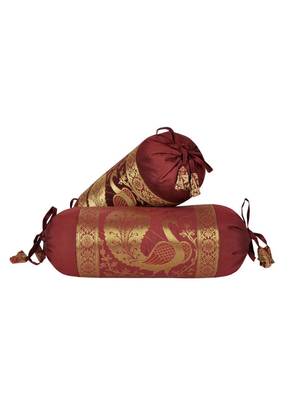 Lal Haveli Peacock Design Maroon Color Silk Bolster Cushion Covers 18 x 8 Inch Set of 2 Pcs 1