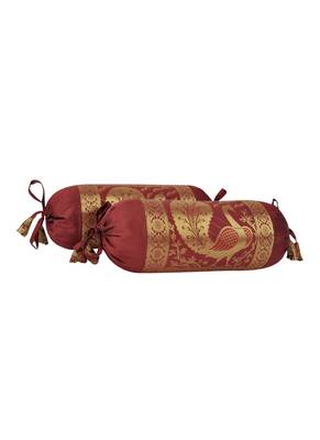 Lal Haveli Peacock Design Maroon Color Silk Bolster Cushion Covers 18 x 8 Inch Set of 2 Pcs 2