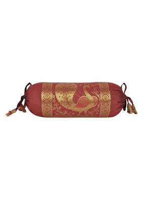 Lal Haveli Peacock Design Maroon Color Silk Bolster Cushion Covers 18 x 8 Inch Set of 2 Pcs 3