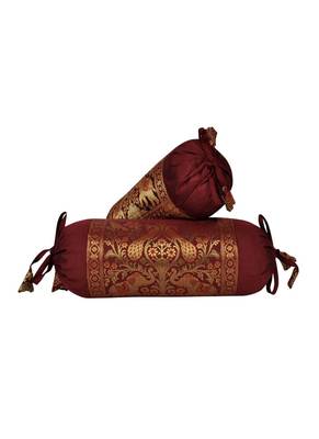Lal Haveli Maroon Color Silk Fabric Elephant & Peacock Design Bolster Covers 18 x 8 Inch Set of 2 Pcs 1