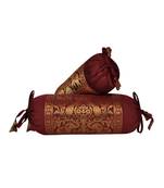 Lal Haveli Maroon Color Silk Fabric Elephant & Peacock Design Bolster Covers 18 x 8 Inch Set of 2 Pcs