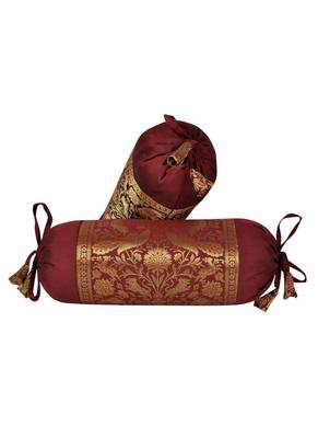 Lal Haveli Peacock Design Silk Bolster Cushion Maroon Color Housewarming Gift 18 x 8 Inch Set of 2 Pcs 1