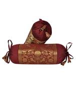 Lal Haveli Peacock Design Silk Bolster Cushion Maroon Color Housewarming Gift 18 x 8 Inch Set of 2 Pcs