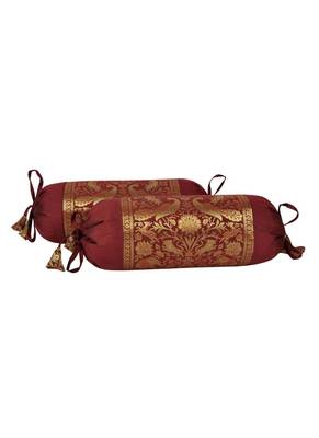 Lal Haveli Peacock Design Silk Bolster Cushion Maroon Color Housewarming Gift 18 x 8 Inch Set of 2 Pcs 2