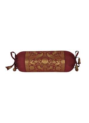 Lal Haveli Peacock Design Silk Bolster Cushion Maroon Color Housewarming Gift 18 x 8 Inch Set of 2 Pcs 3