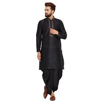 Black Plain Silk Blend Dhoti Kurta 1