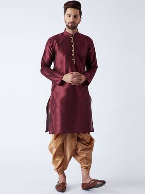 Maroon Plain Silk Blend Dhoti Kurta 1