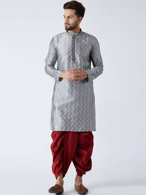 Grey Plain Silk Blend Dhoti Kurta 1