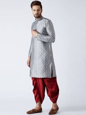 Grey Plain Silk Blend Dhoti Kurta 3