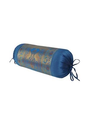 Lal Haveli Turquoise Color Peacock Design Silk Bolster Cushion Cover 30 x 15 inch 2