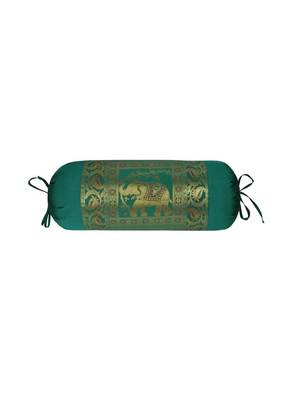 Lal Haveli Elephant Work Design Silk Bolster Pillow Cushion Cover Green Color 30 x 15 inch 1