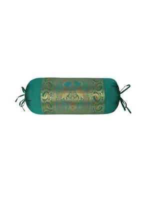 Lal Haveli Green Rajasthani Hand Art Peacock Work Design Silk Bolster 30 x 15 inch 1