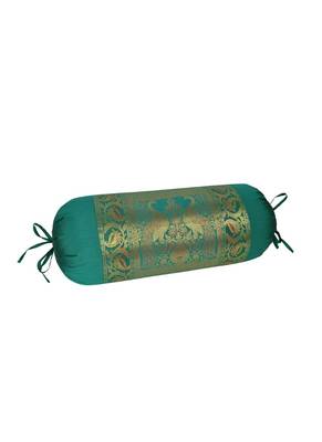 Lal Haveli Green Rajasthani Hand Art Peacock Work Design Silk Bolster 30 x 15 inch 2