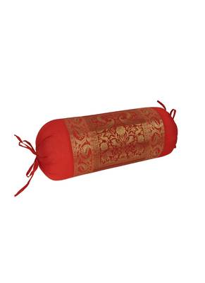 Lal Haveli Red Color Elephant & Peacock Design Silk Bolster Cushion Cover 30 x 15 inch 2