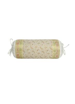 Lal Haveli White Color Decorative Round Silk Bolster Pillow Cover 30 x 15 Inch 1