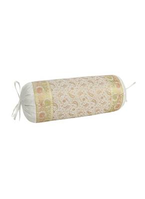 Lal Haveli White Color Decorative Round Silk Bolster Pillow Cover 30 x 15 Inch 2