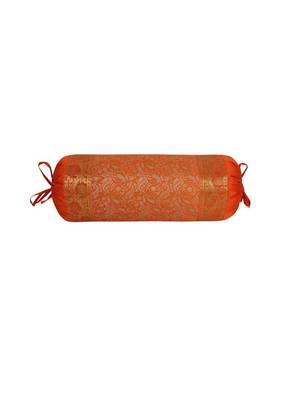 Lal Haveli Orange Color Silk Bolster Pillow Cover for Sofa Decor 30 x 15 Inch 1