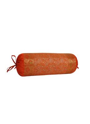 Lal Haveli Orange Color Silk Bolster Pillow Cover for Sofa Decor 30 x 15 Inch 2