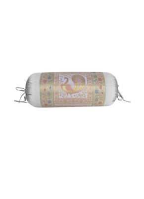 Lal Haveli Grey Color Peacock Design Silk Bolster Pillow Cover Sofa Decorations 30 x 15 Inch 1